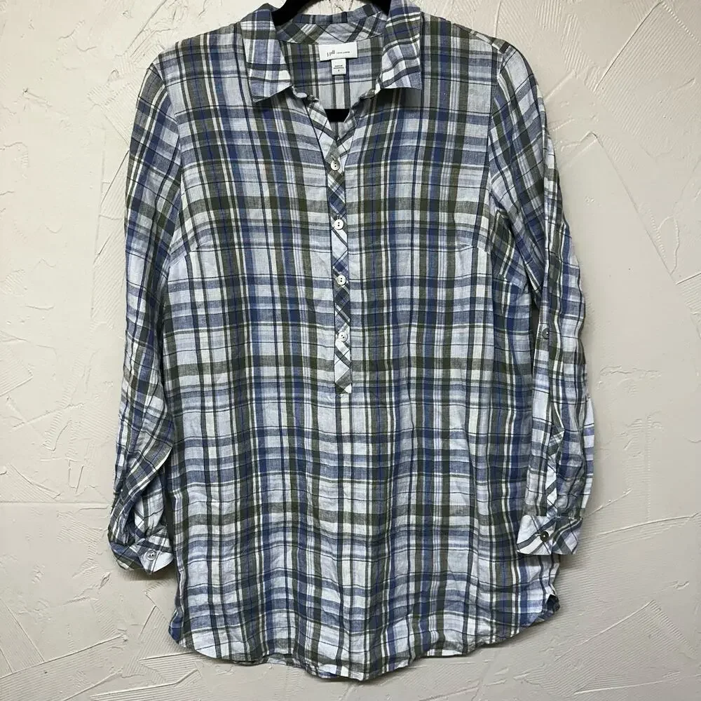 J. Jill Plaid 100% Linen Popover Button Up Tunic Top  Mother of Pearl Size S - Picture 6 of 8